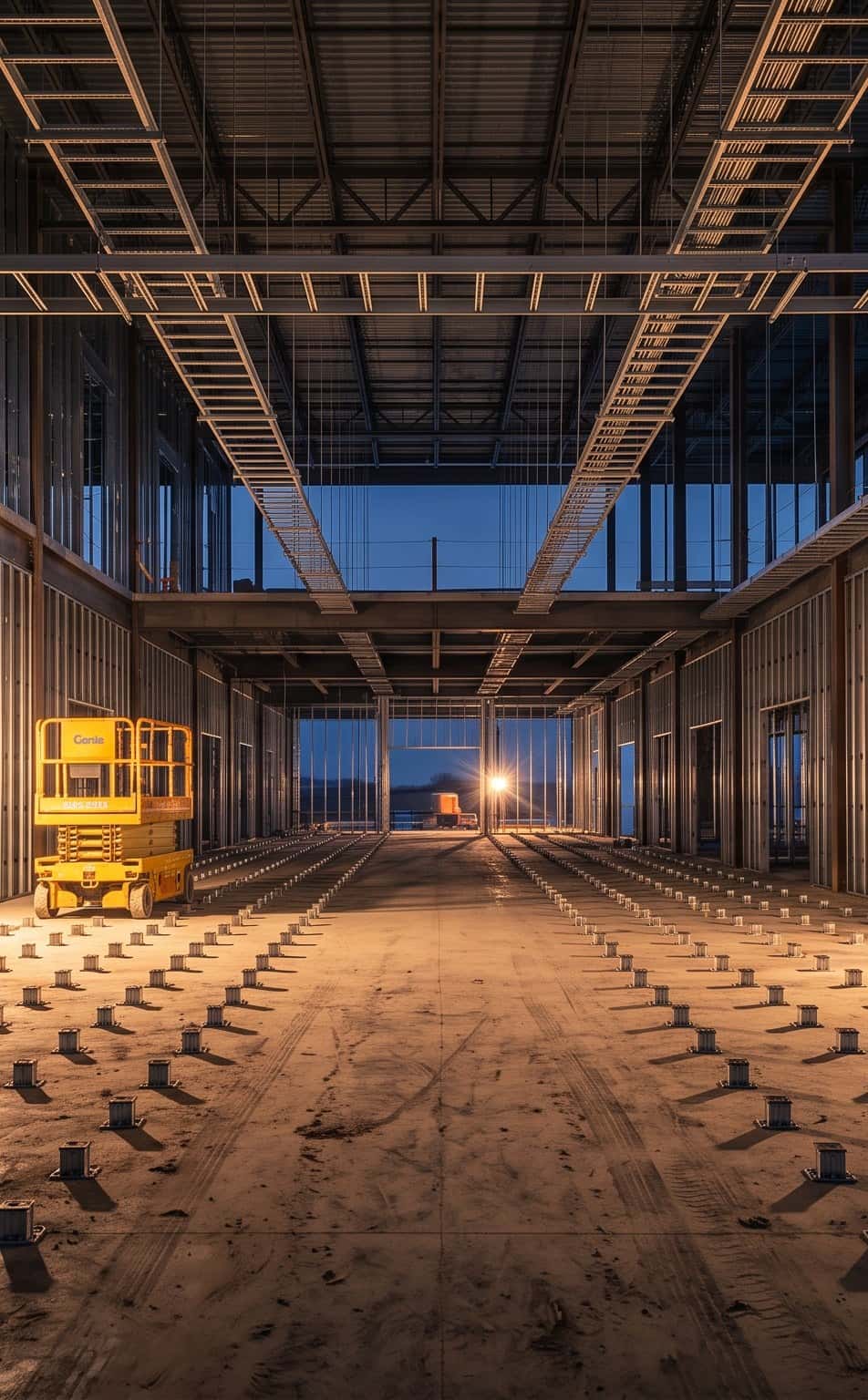 The same hall under construction: steel stud framing, empty cable trays and raised floor pedestals